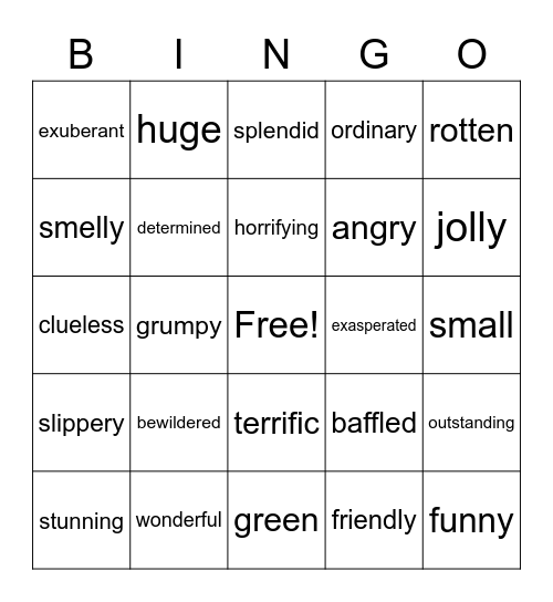 Adjective Bingo Card