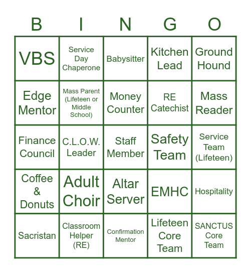 Volunteer Bingo Card