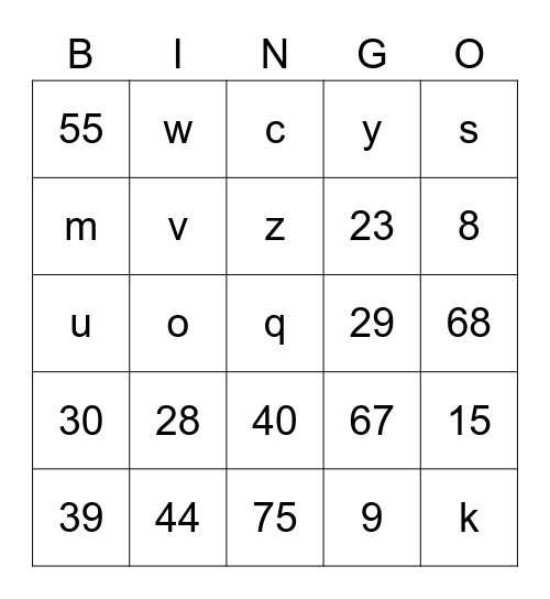 Letters Bingo Card