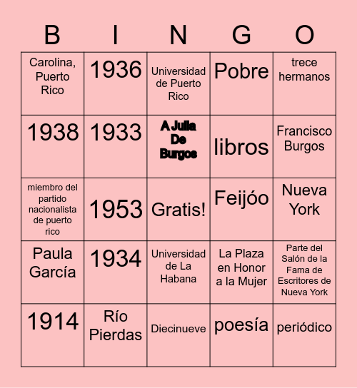 Julia De Burgos Bingo Card