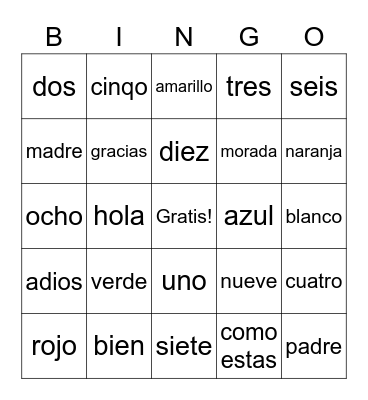SPANISH Bingo Card