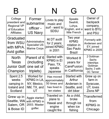 KPMG Get to Know You Bingo Card