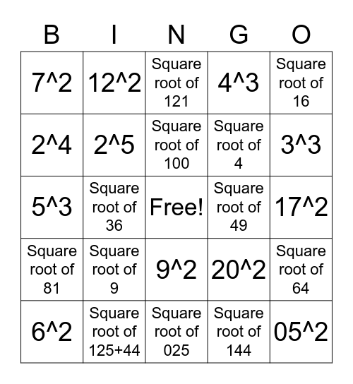 Perfect Squares & Square Roots Bingo Card