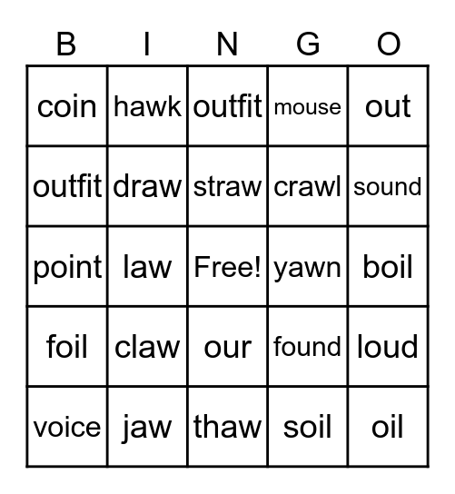 OU, OI, AW sounds BINGO Card