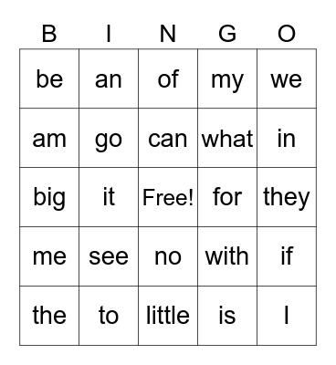 K Sight words Bingo Card