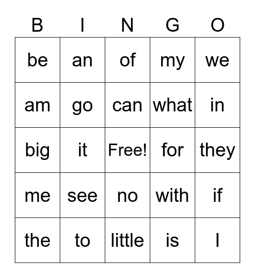 K Sight words Bingo Card