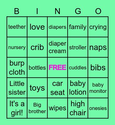 Virtual baby shower Bingo Card