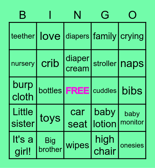 Virtual baby shower Bingo Card