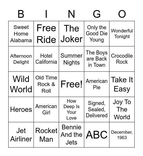 All Out 70s Bingo Card