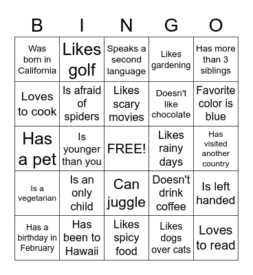 Get to know each other Bingo Card