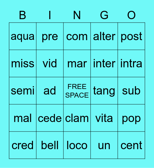 Caesars English Stems Bingo Card