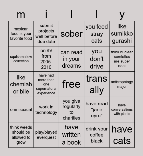 what do you have in common with milly Bingo Card