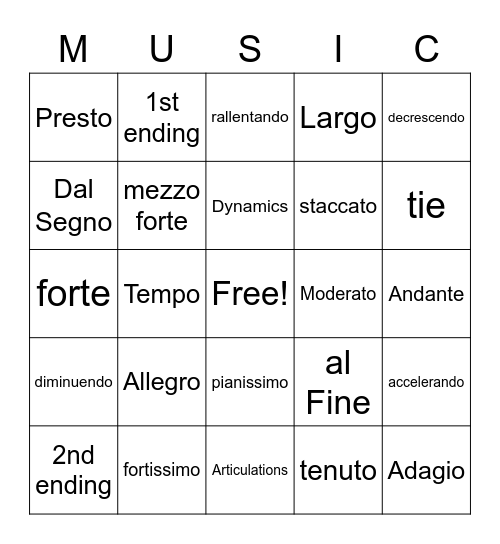 Unit 4 MUSIC BINGO Card