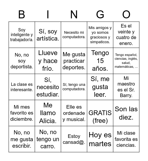 Spanish One Q&A Review from 1st Semester Bingo Card