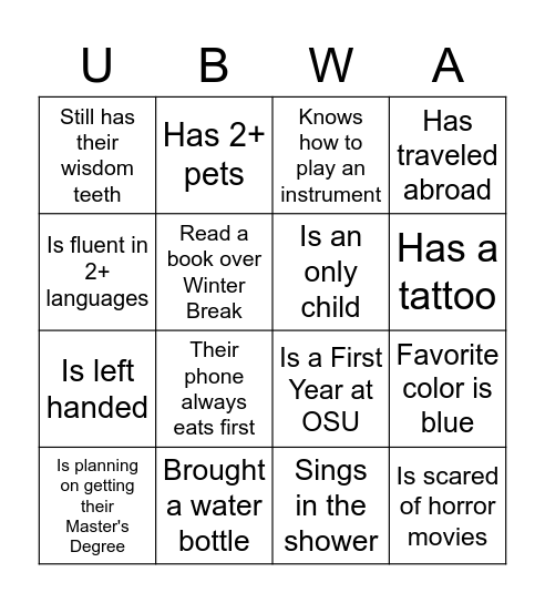 UBWA People Bingo Card