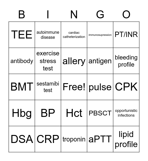 Chapter 10 Diagnostic & Immune Terms Bingo Card