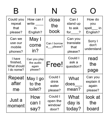 Classroom Commands Bingo Card