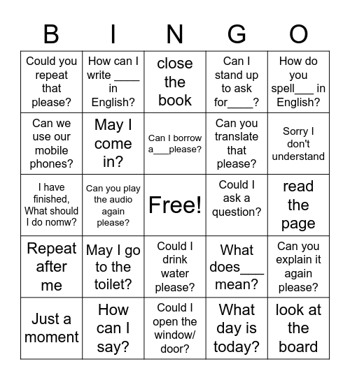 Classroom Commands Bingo Card