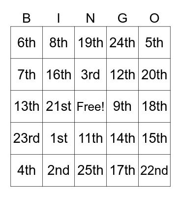 Ordinal Bingo Card