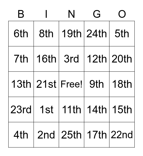 Ordinal Bingo Card