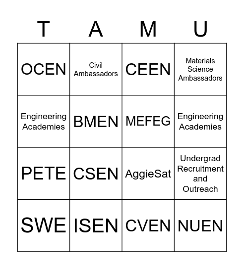 College Fair BINGO Card