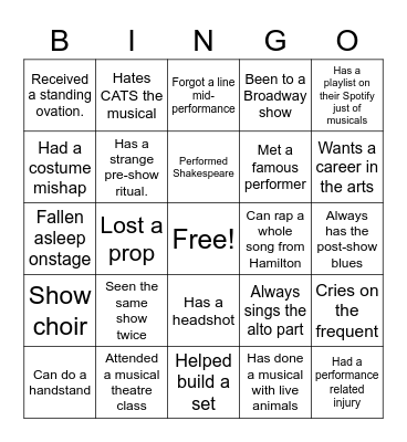 Get To Know Your Class: Performer Addition Bingo Card