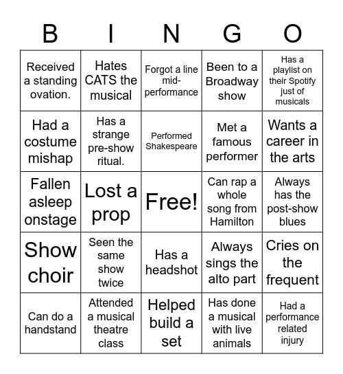 Get To Know Your Class: Performer Addition Bingo Card