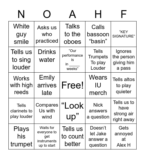 Noah Freeman Bingo! Bingo Card
