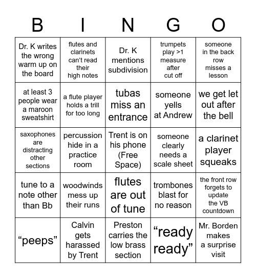 Wind Ensemble Bingo Card