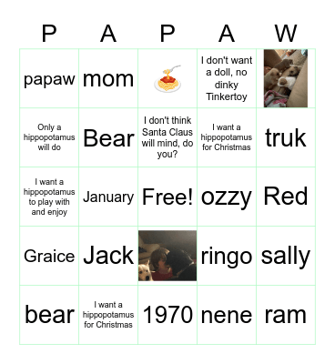 Papaw quiz Bingo Card