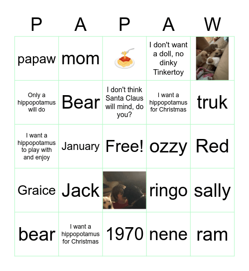 Papaw quiz Bingo Card