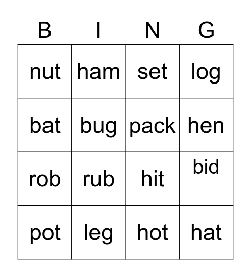 CVC Words Bingo Card