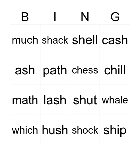 SH, CH, TH, WH Words Bingo Card