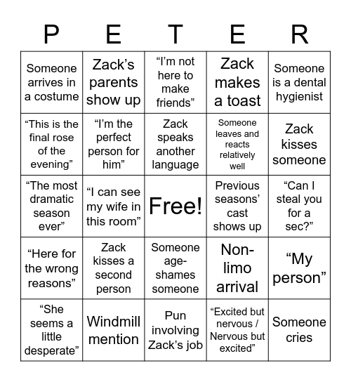 The Bachelor Bingo Card