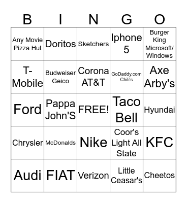 SUPER BOWL COMMERCIALS Bingo Card