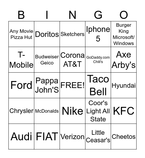 SUPER BOWL COMMERCIALS Bingo Card