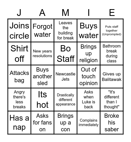 Jamie Bingo Card