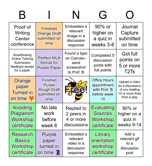 Prof. B's Extra Credit English 233 Bingo Card