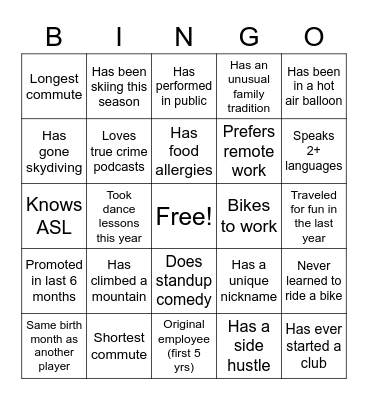 Getting to know you Bingo Card