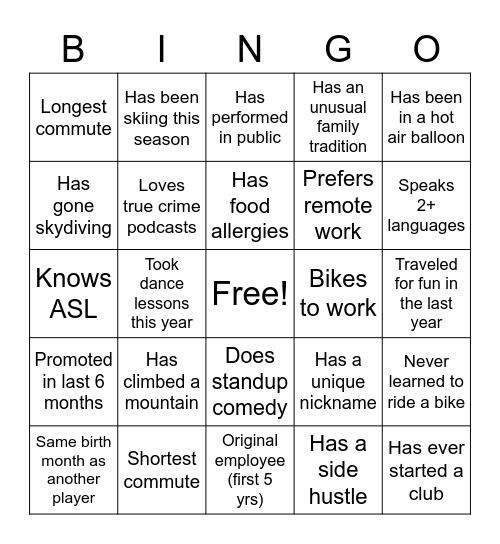 Getting to know you Bingo Card