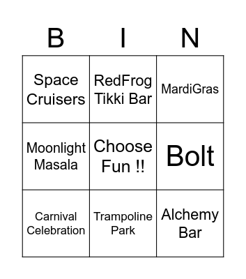 Carnival Cruise Line Bingo Card