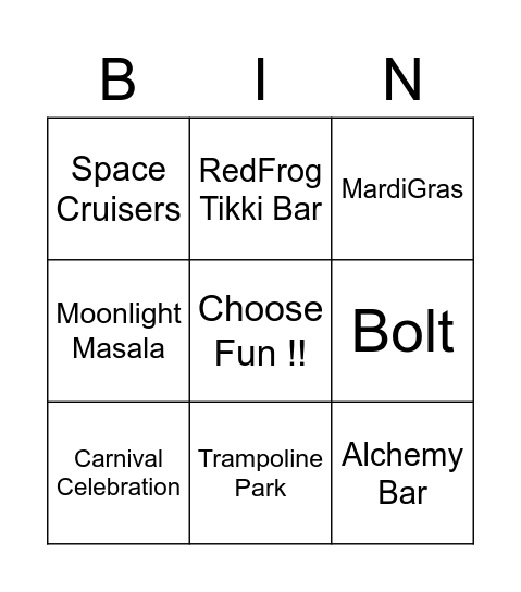 Carnival Cruise Line Bingo Card