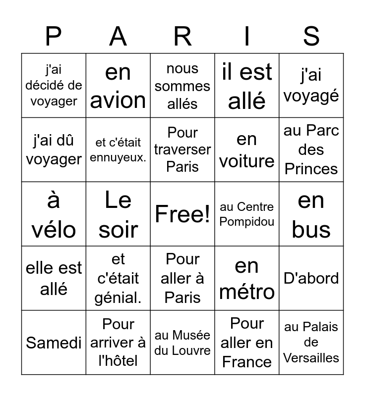 Paris Bingo Card Paris Bingo Card