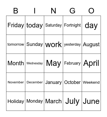 Days Months Bingo Card