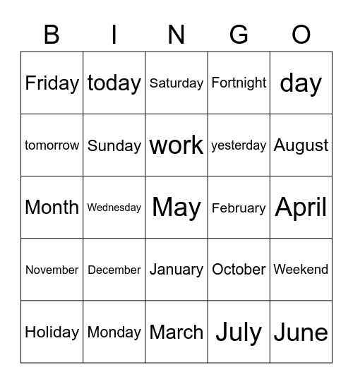 Days Months Bingo Card