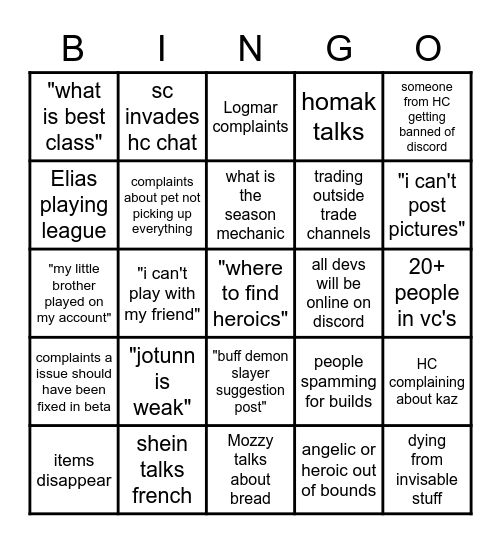 season start bingo Card