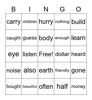 2B Tricky Words Bingo Card