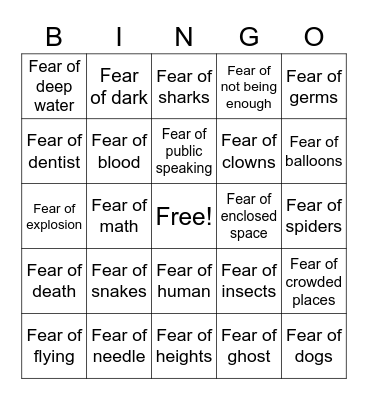 Phobia Bingo Card