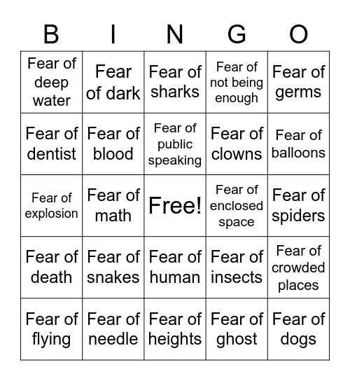 Phobia Bingo Card