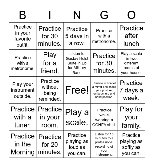 CCHFA Band Bingo Card